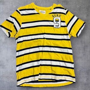 Aeropostale V Neck T-Shirt Aero NY 9  Stitched Yellow Black Striped Men's XL
